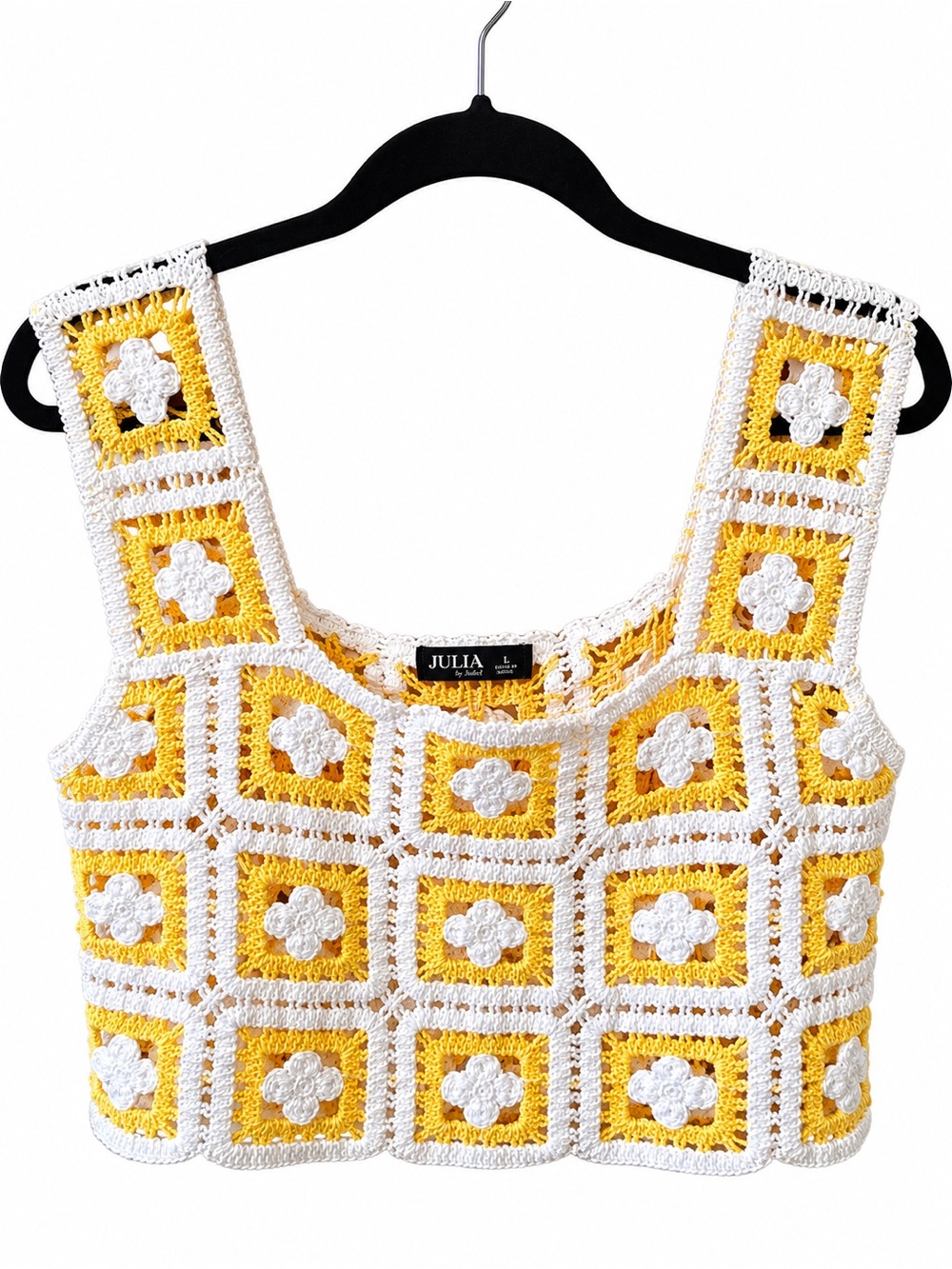 Julia by Love J Crochet Crop Knit Yellow White Top Womens Shirt Size large